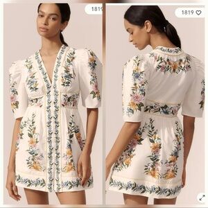 Farm Rio Sweet Bloom Dreamscape Puff-Sleeve Mini Dress Cream Floral Smocked M